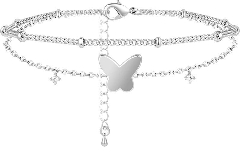 Poxtex Sterling Silver Anklet Bracelets for Women Waterproof, 925 Sliver Plated CZ & Heart Charm Dainty Layer Anklets for Women Trendy, Simple Chain Anklets Set Gifts for Women, Mother Day Jewelry Gifts for Her Women Mom Wife Girlfriend - Image 1